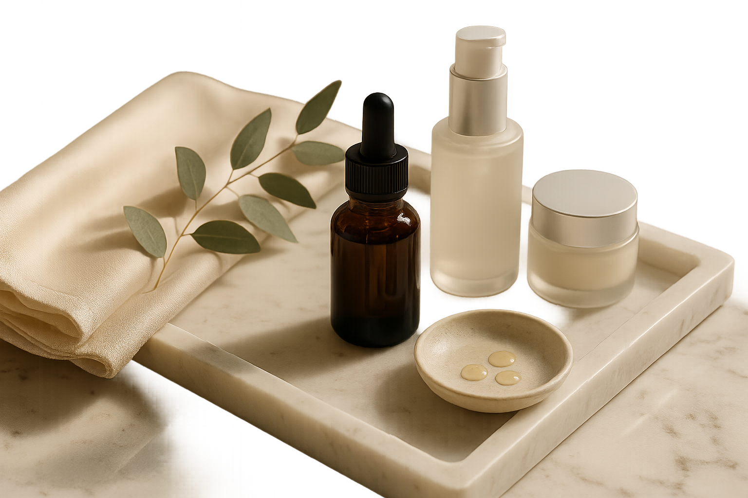 Elegant marble tray with premium skincare bottles and a dropper serum, soft morning light and silk towel