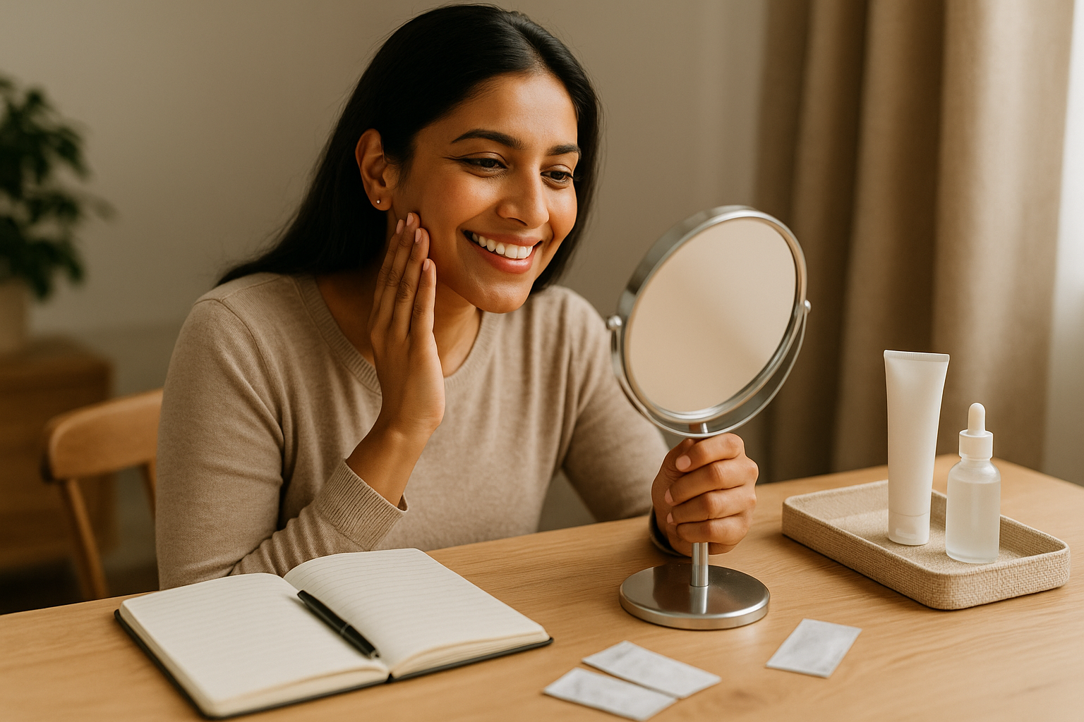 Woman examining skin in a mirror with a small notebook on a vanity, warm natural light