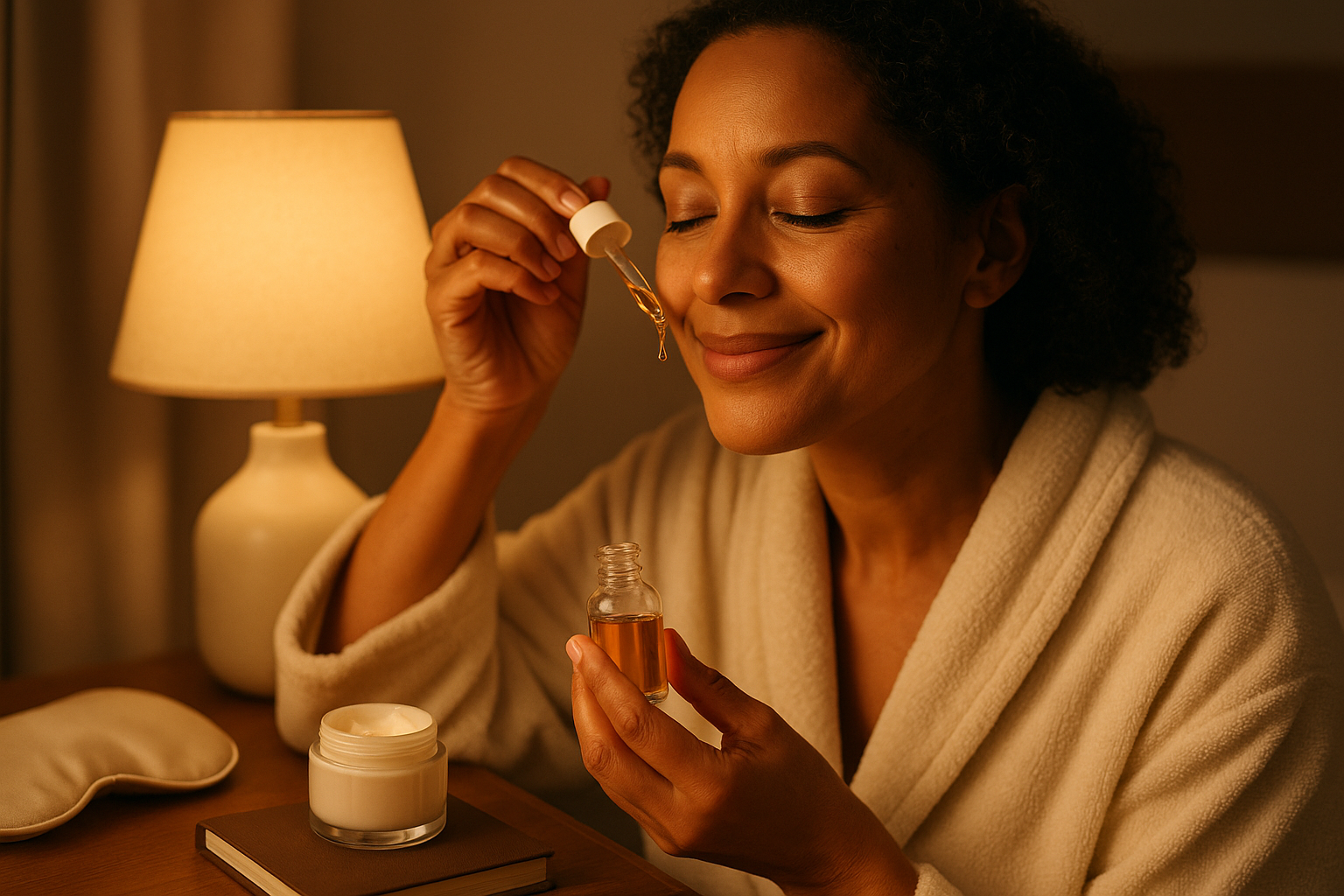 Evening bedside routine: woman in robe applying a dropper serum under warm lamp light
