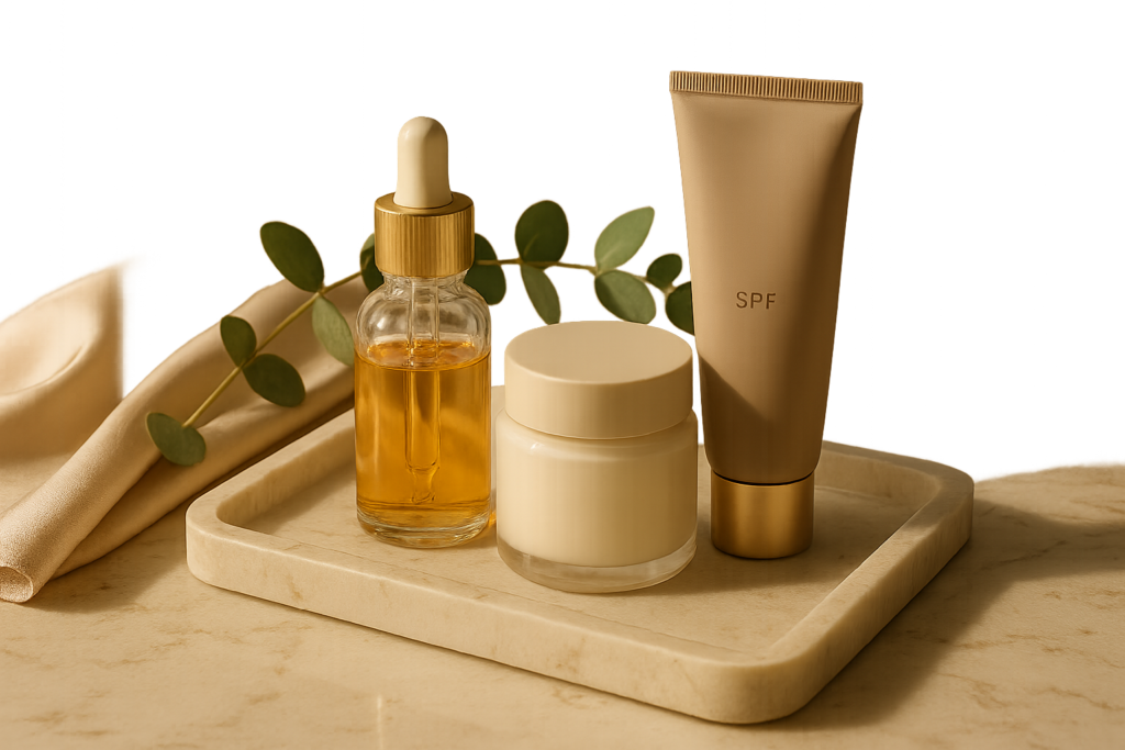 Still life of premium skincare essentials on a marble vanity conveying a transformative luxury routine