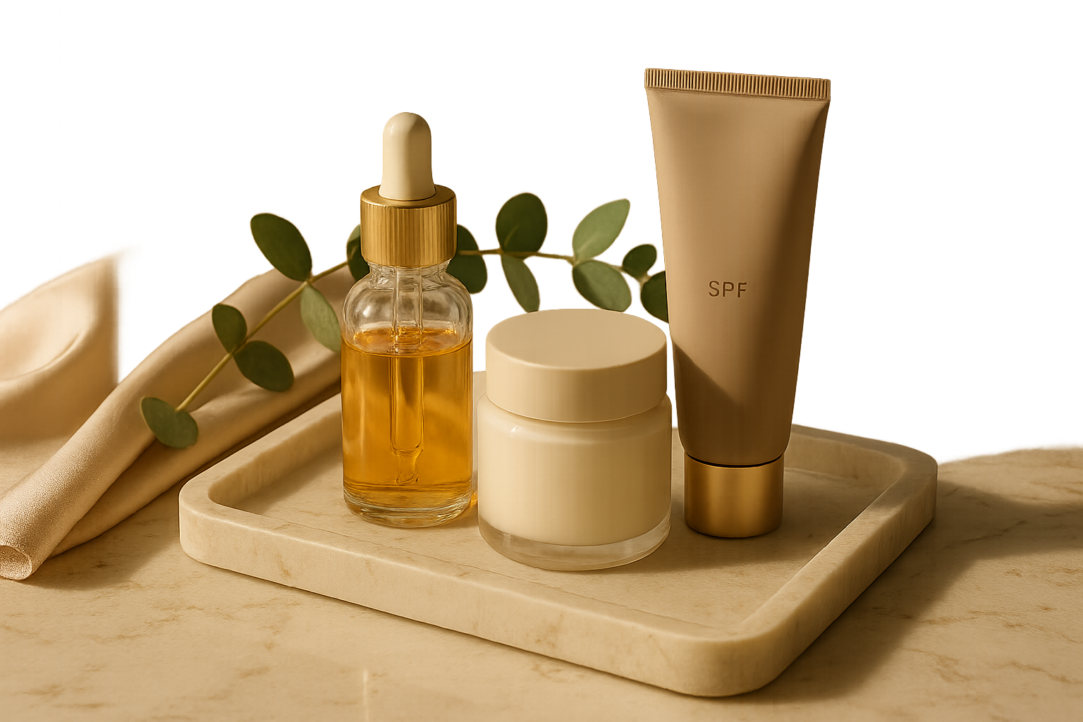 Still life of premium skincare essentials on a marble vanity conveying a transformative luxury routine