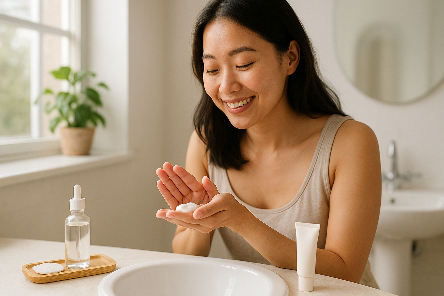 Woman performing a morning cleanse and toner step at a sunlit vanity, showcasing foundational cleansing and protection