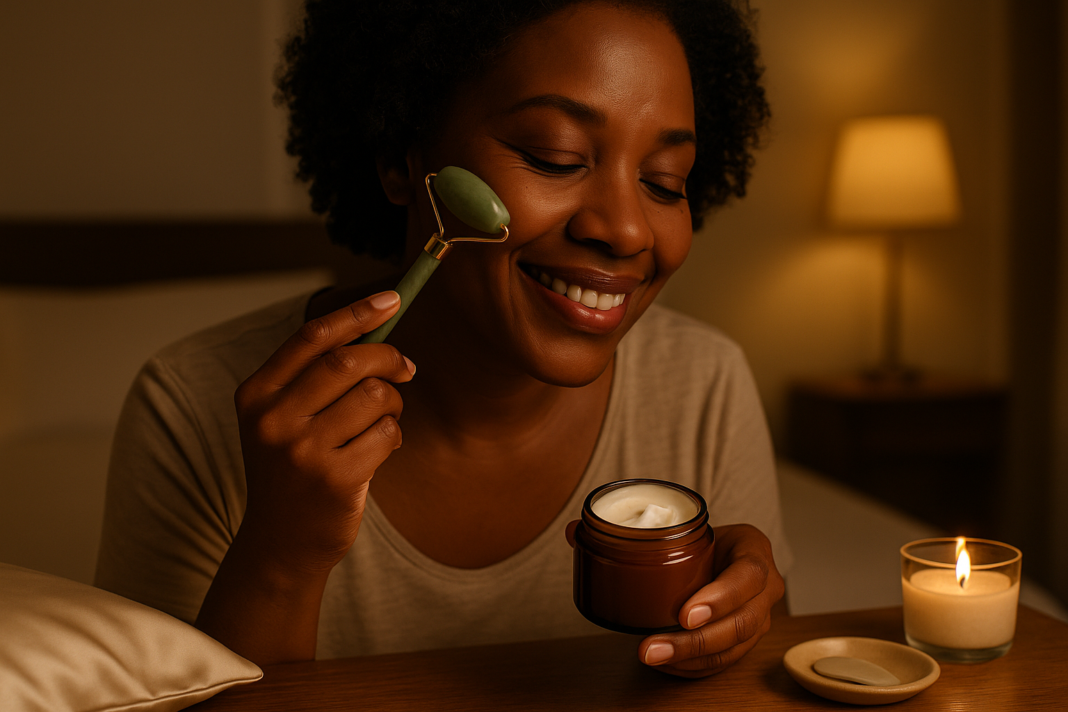Close, warm evening scene of a woman applying rich night cream with a jade roller beside an amber-glass jar and candle