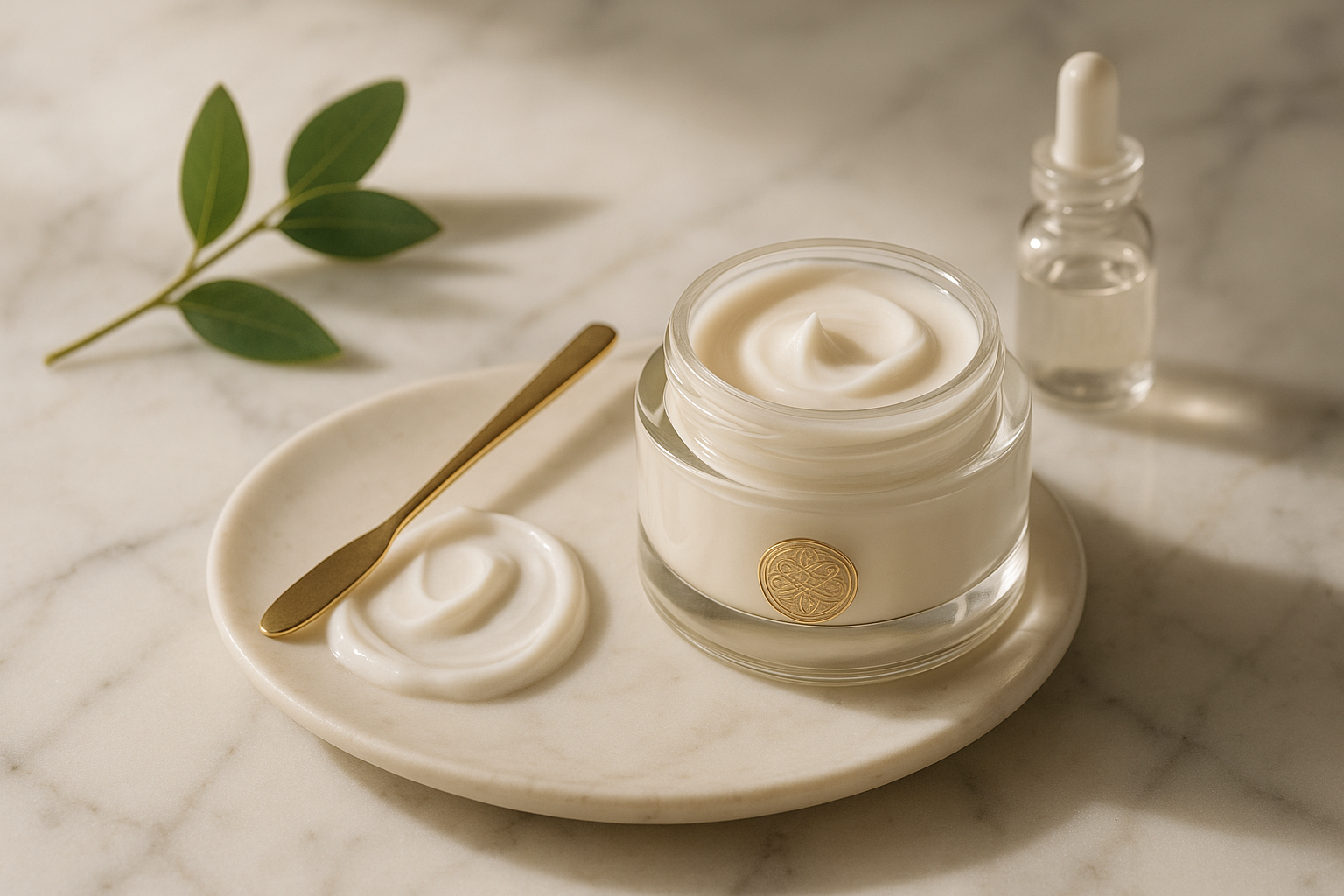 Luxurious jar of anti-aging cream on marble with a golden spatula, cream texture and soft morning light