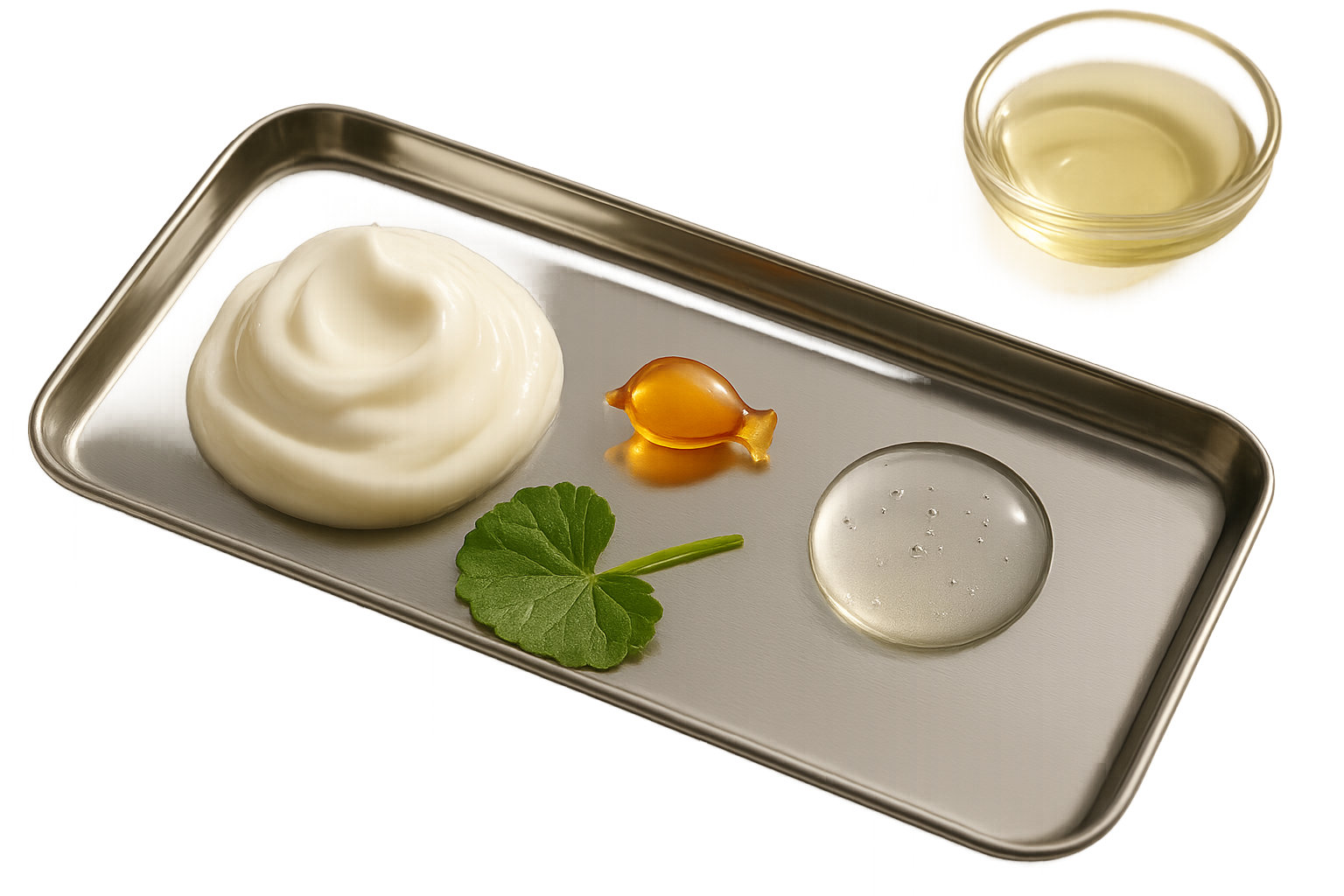 Close-up of cream textures and active ingredient symbols: peptides, retinol capsule and hyaluronic droplets on a reflective surface