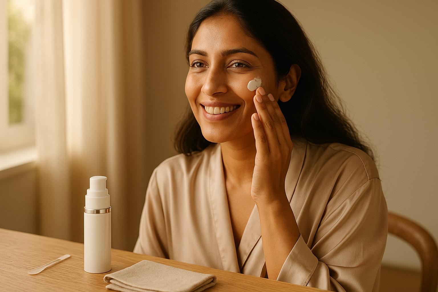 Smiling woman in her 40s applying cream to her jawline at a morning vanity, natural light and elegant surroundings