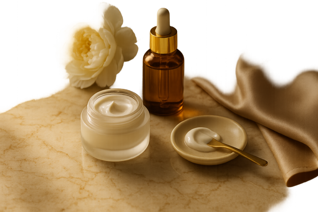 Luxurious morning and evening anti-ageing skincare ritual: elegant unlabeled glass serums and an open rich cream jar on marble with soft natural light