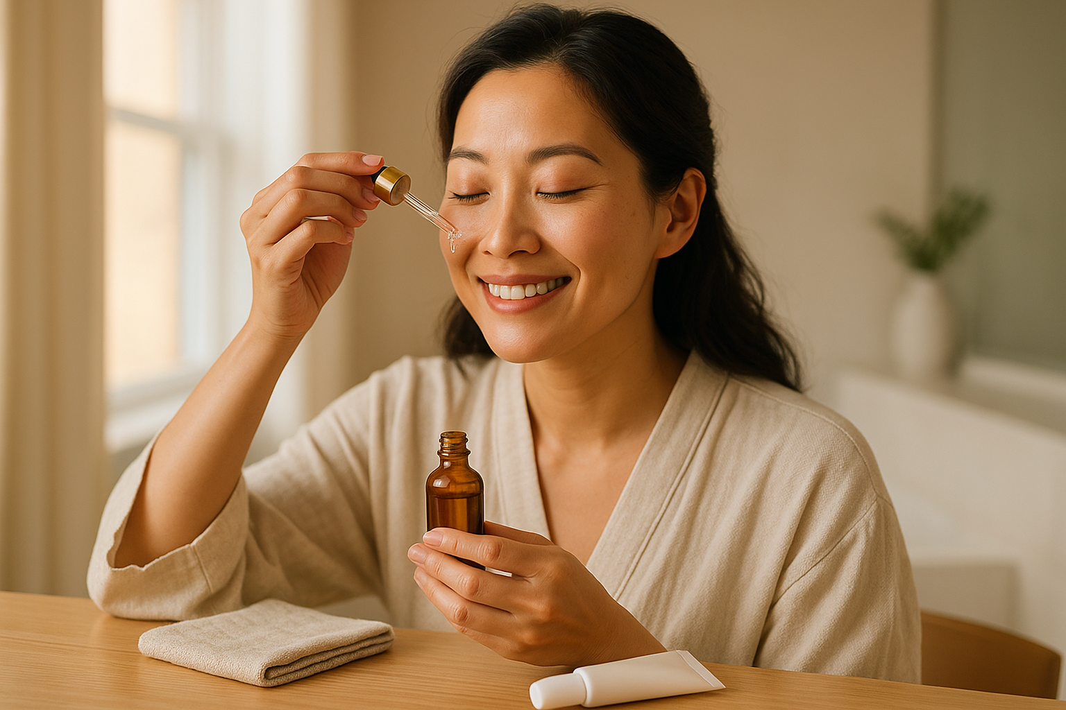 Smiling woman applying antioxidant serum in the morning at a sunlit vanity