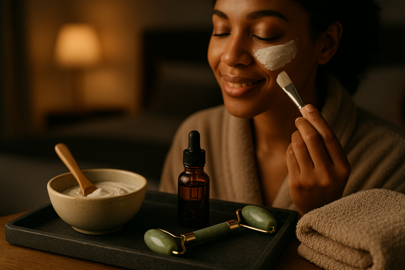 Nighttime targeted treatments and weekly rituals: resurfacing mask, jade roller and nourishing oil arranged on a plush towel