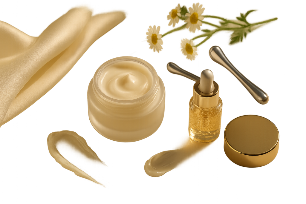 Luxurious still life of a premium eye cream jar, silk cloth and creamy texture on marble, conveying targeted care for fine lines and dark circles