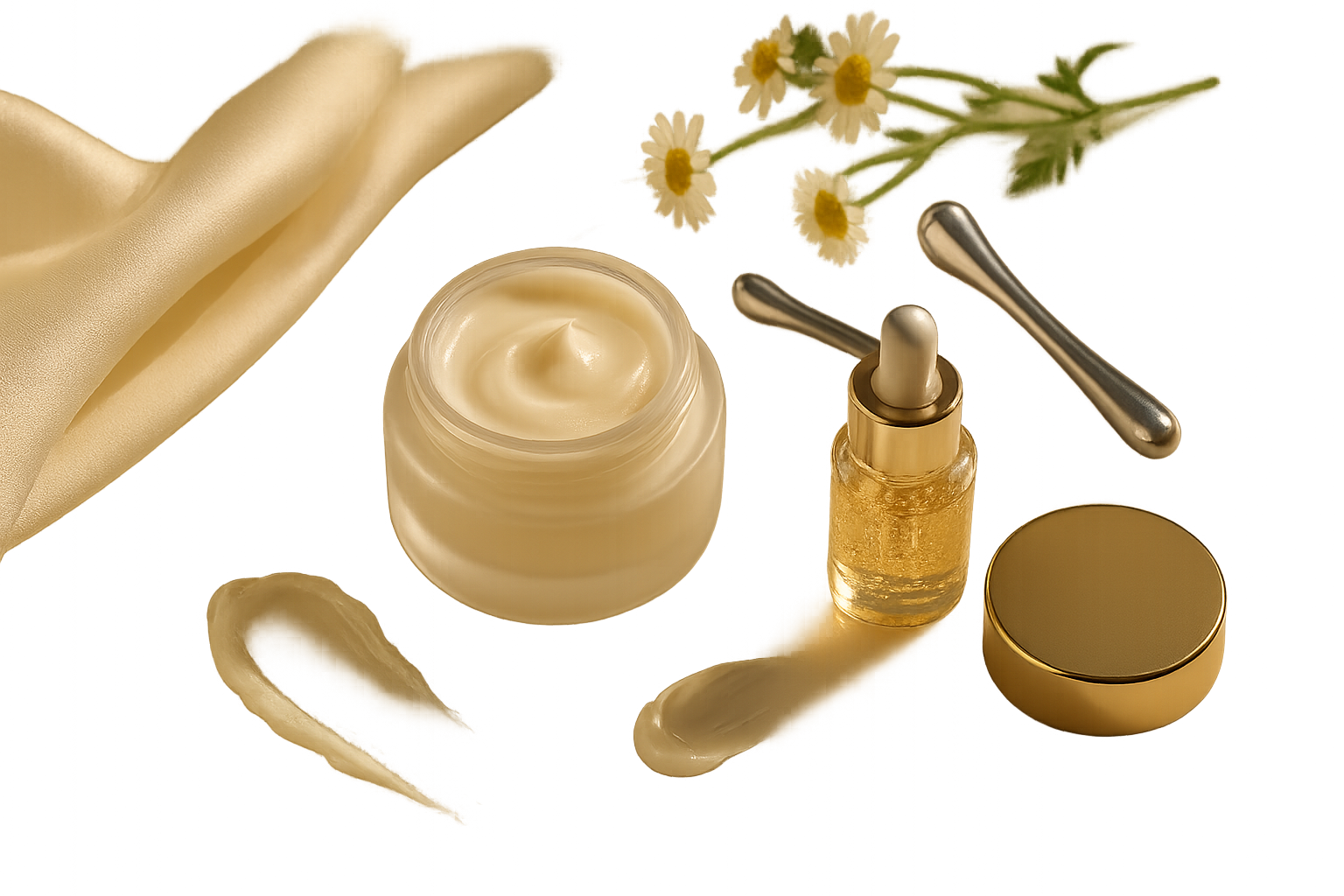 Luxurious still life of a premium eye cream jar, silk cloth and creamy texture on marble, conveying targeted care for fine lines and dark circles