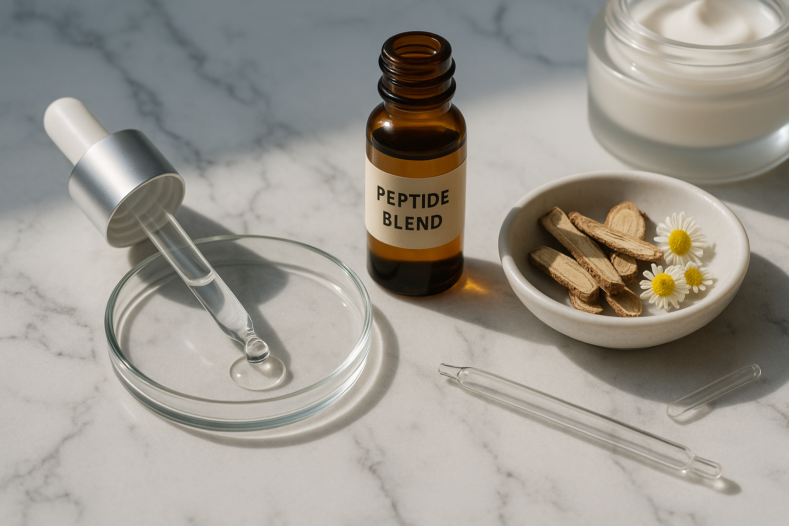 Flat-lay of ingredient-led luxury eye cream elements: hyaluronic acid droplet, peptide vial, botanical extract in glass dish on marble