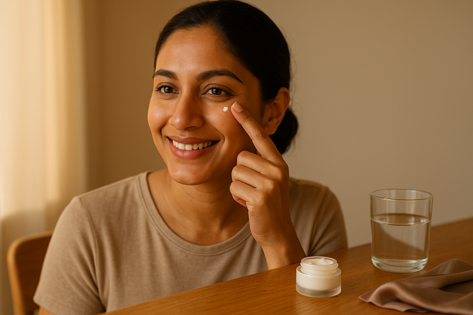 One woman gently applying eye cream with her ring finger in a warm, elegant vanity setting at dawn