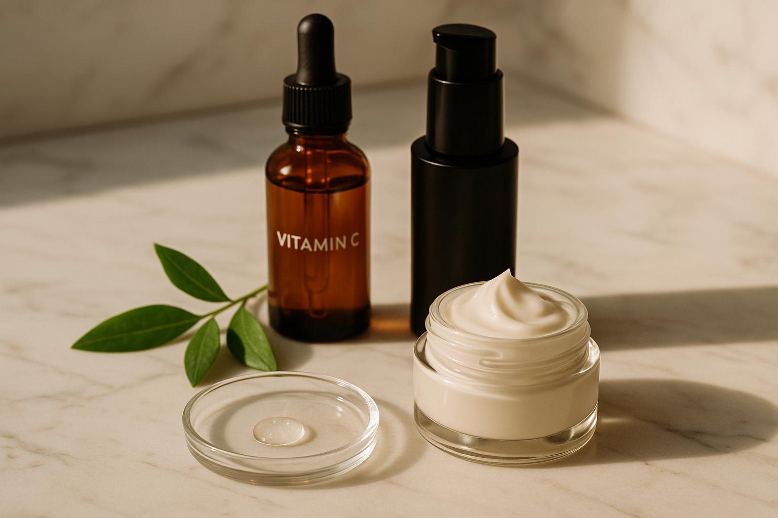 Luxurious still-life of premium skincare bottles and textures on marble evoking ingredient-focused youthful skin care