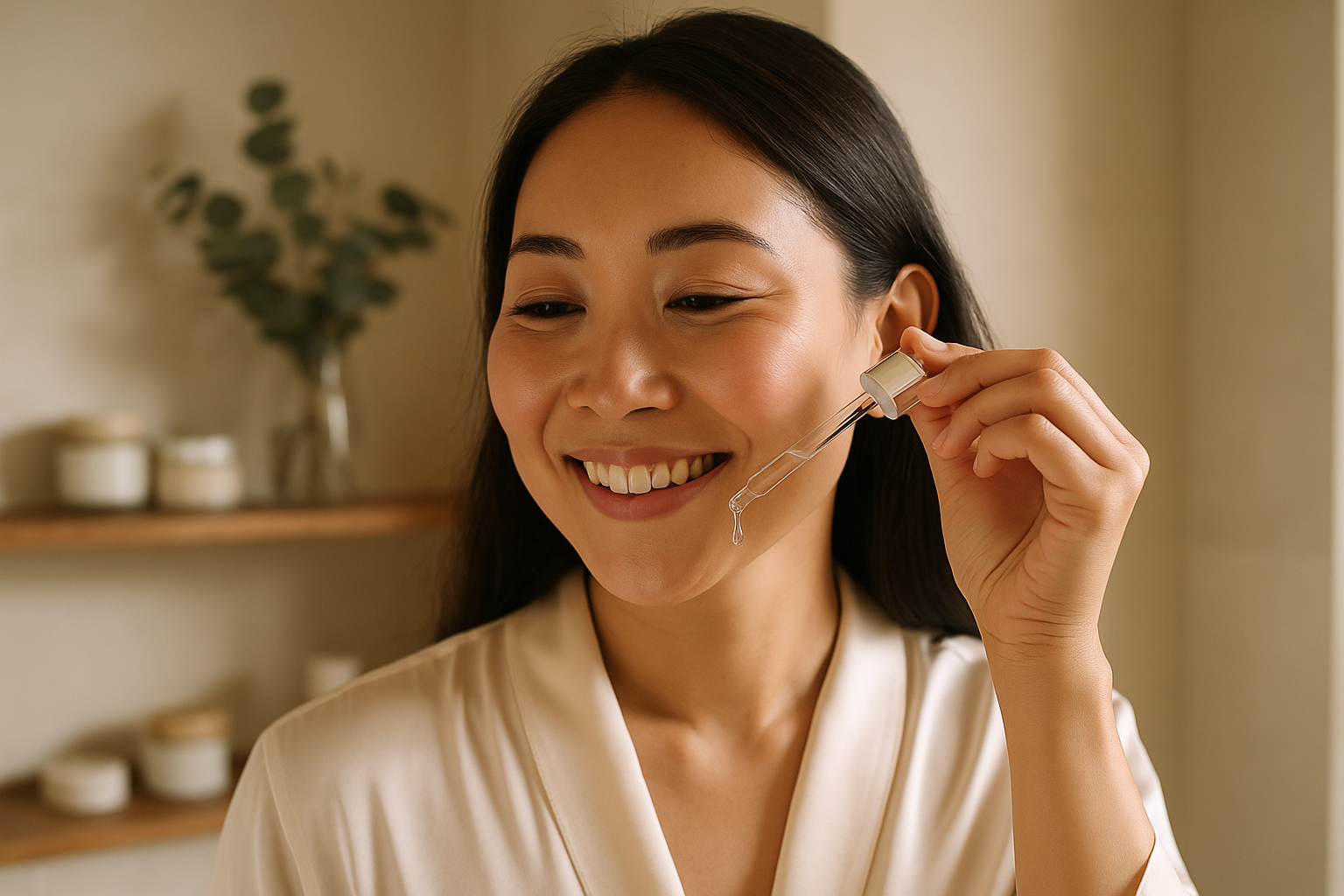 Woman applying a droplet of serum to her cheek, demonstrating a key ingredient step