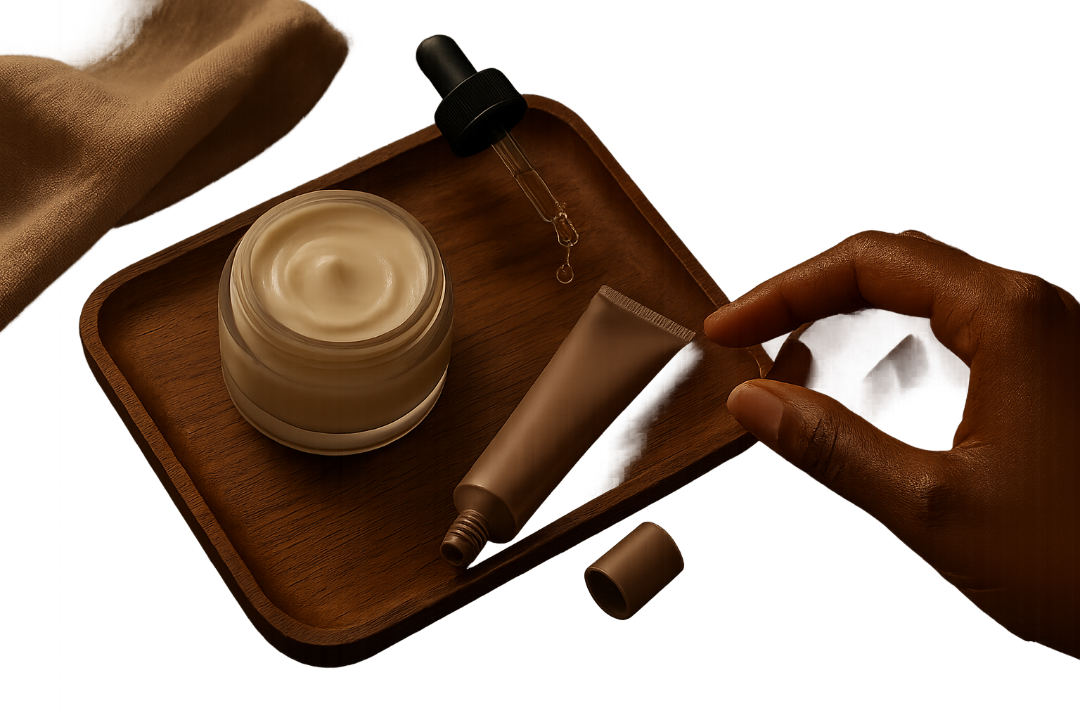 Close-up of a layered evening routine with cream, serum textures, and an applicator on a walnut tray