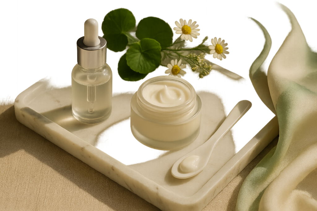 Still life of premium skincare for sensitive skin: jars, droppers, chamomile and centella on marble tray
