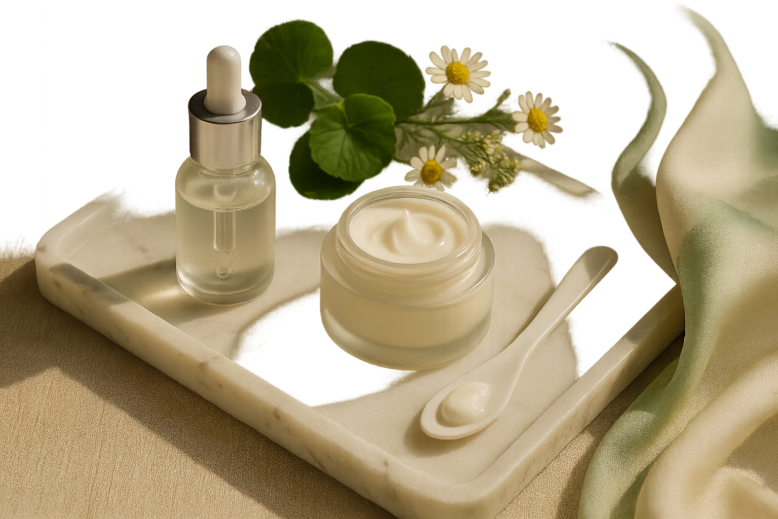 Still life of premium skincare for sensitive skin: jars, droppers, chamomile and centella on marble tray