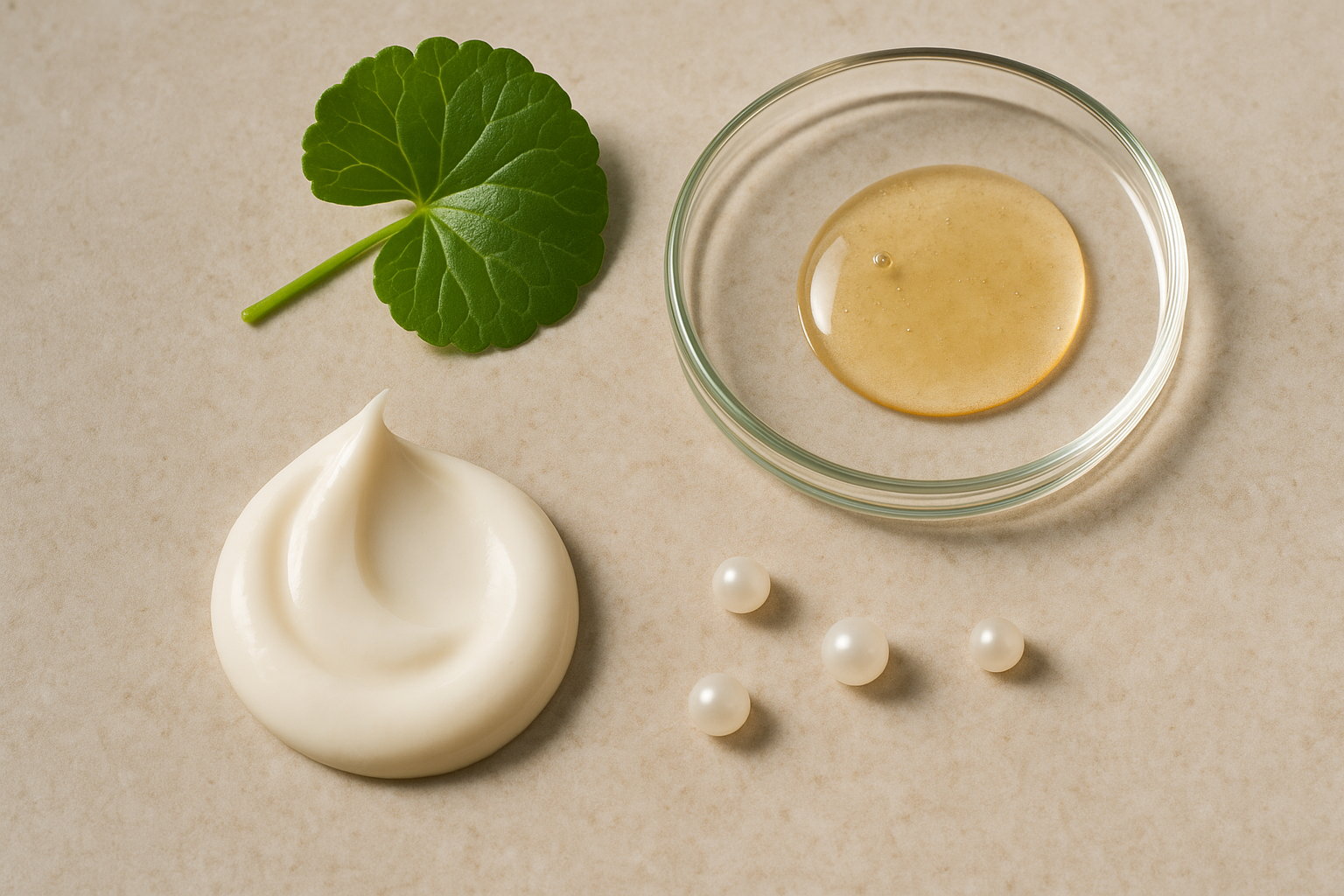 Close-up opacity and textures of calming skincare ingredients: cream swirl, serum droplet, centella leaf and ceramide capsules