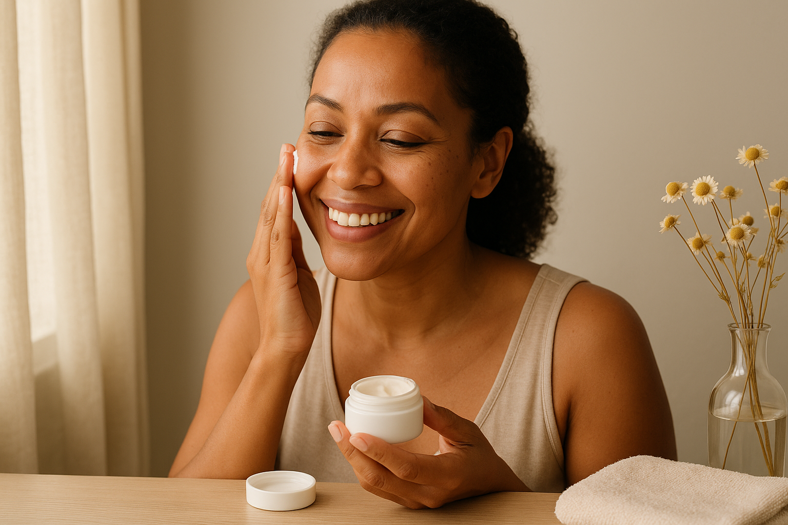 Woman gently applying a rich, unlabeled cream at a sunlit vanity, smiling and relaxed