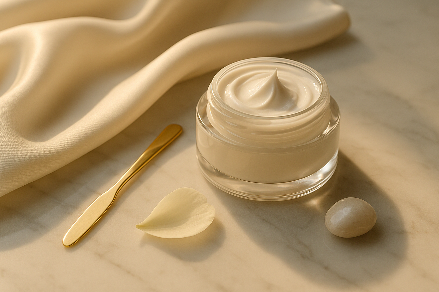 Luxurious open jar of cream on marble with silk and golden spatula, inviting texture and warm morning light