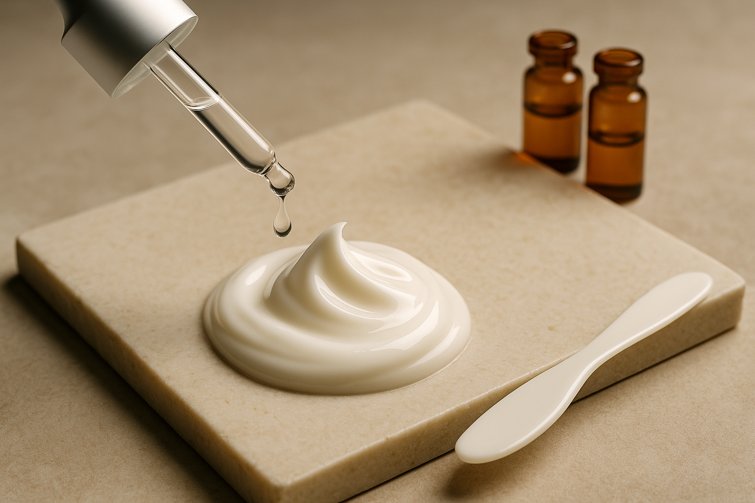 Close-up of cream texture with glass droppers and amber vials showing advanced delivery concept