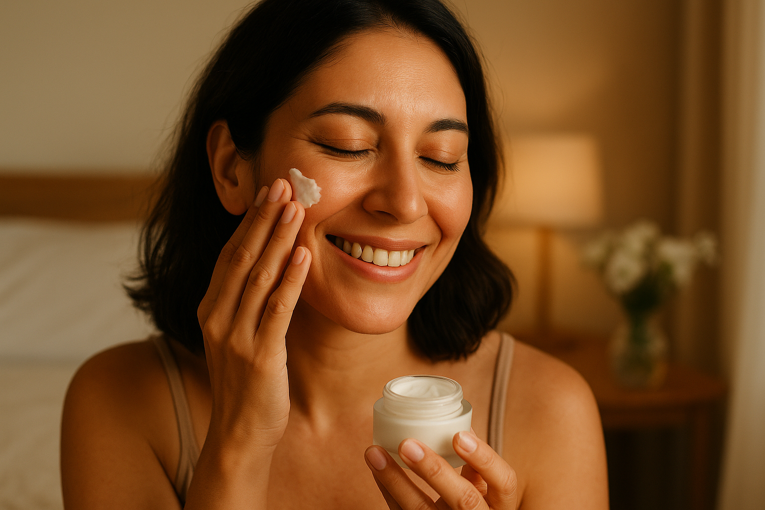 Woman in her forties smiling while gently applying cream to her cheek in a serene bedroom setting