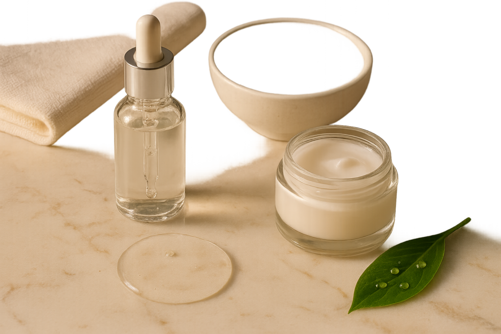 Still-life luxury vanity scene with glass-droplet serum, essence bottle and dewy textures illustrating a glowing, hydrated complexion