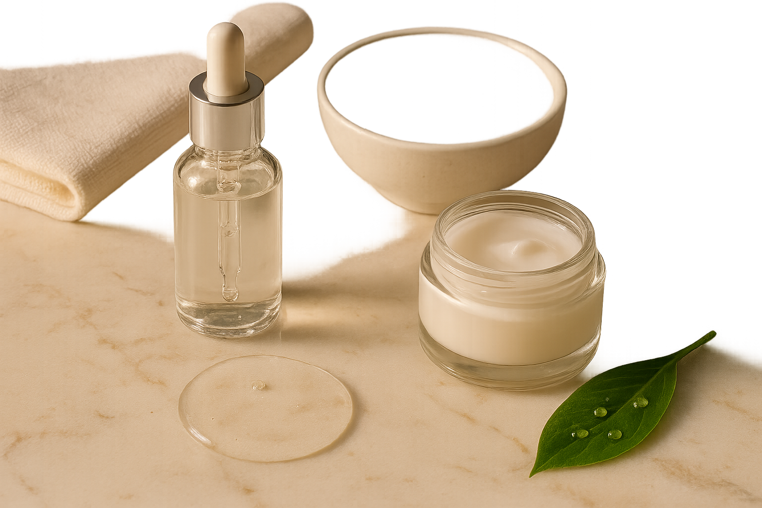 Still-life luxury vanity scene with glass-droplet serum, essence bottle and dewy textures illustrating a glowing, hydrated complexion