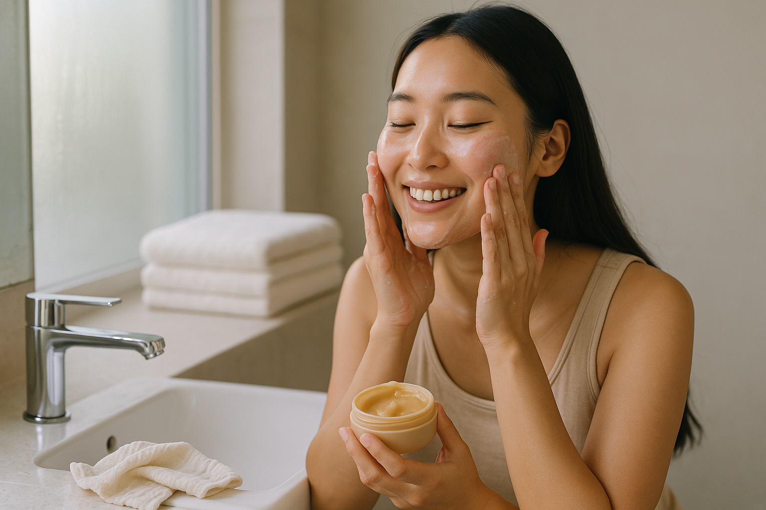 Woman performing a double cleanse with a balm at a luminous sink, soft steam and plush towels