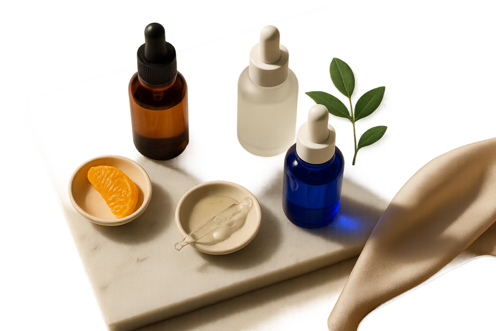 Elegant still life of premium anti-aging serum bottles and natural actives on marble, suggesting firmness and fine-line improvement