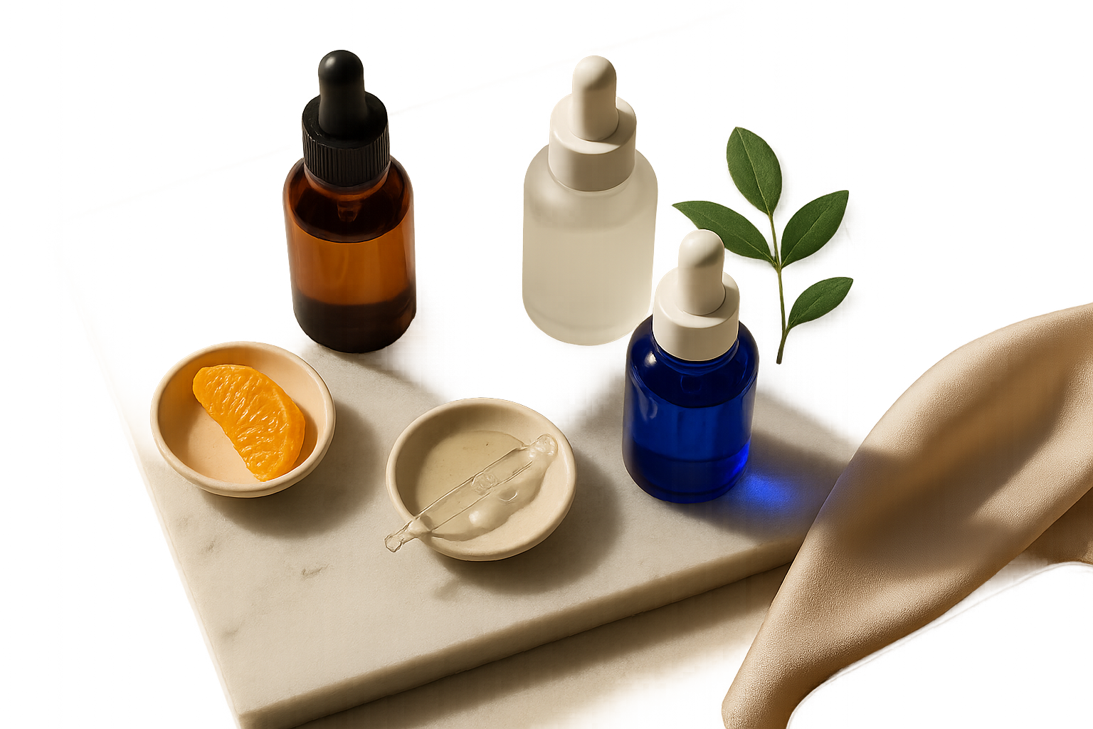 Elegant still life of premium anti-aging serum bottles and natural actives on marble, suggesting firmness and fine-line improvement