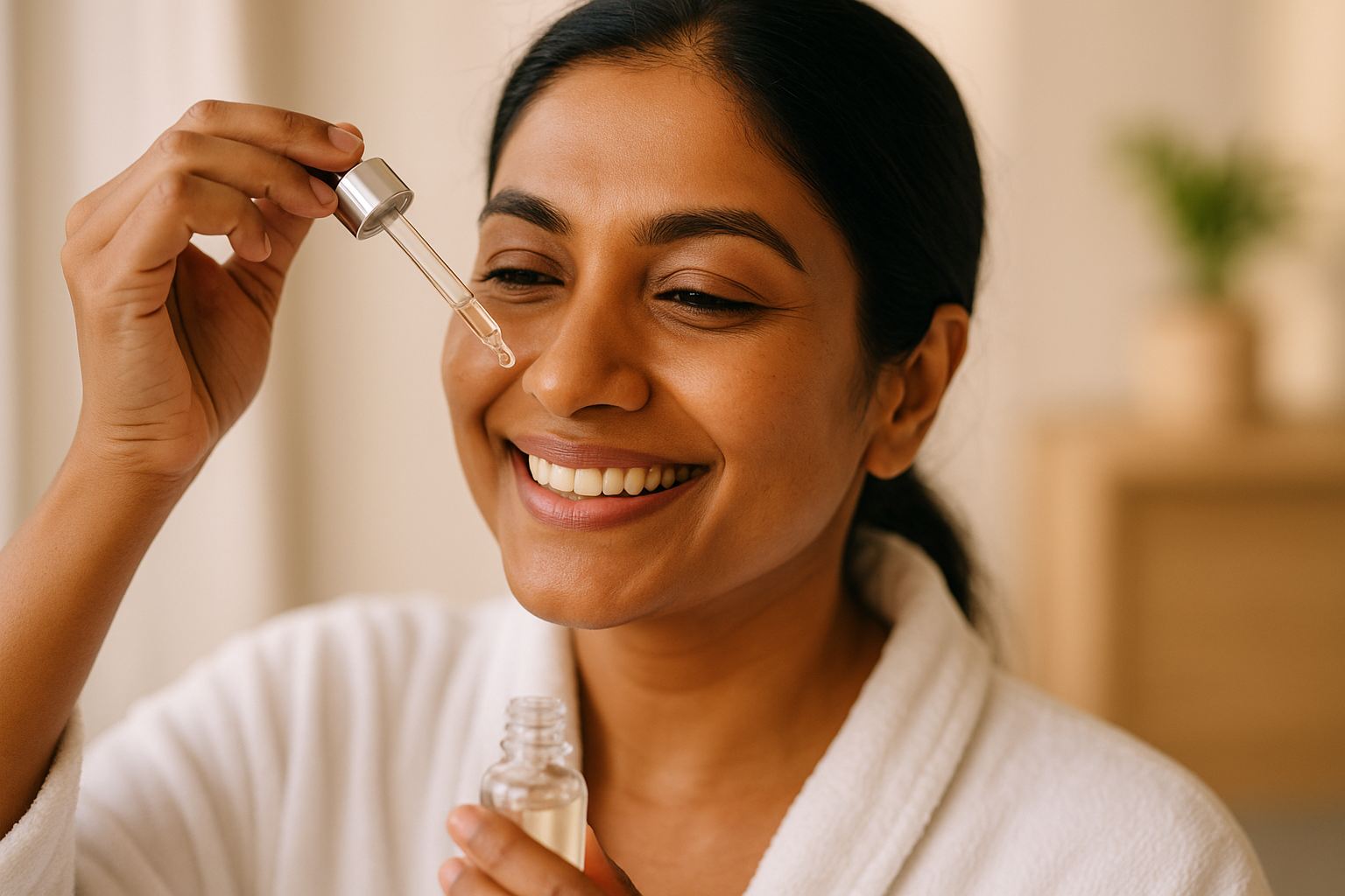 Woman applying a drop of serum to her cheek in soft morning light, demonstrating how serums are applied and absorbed