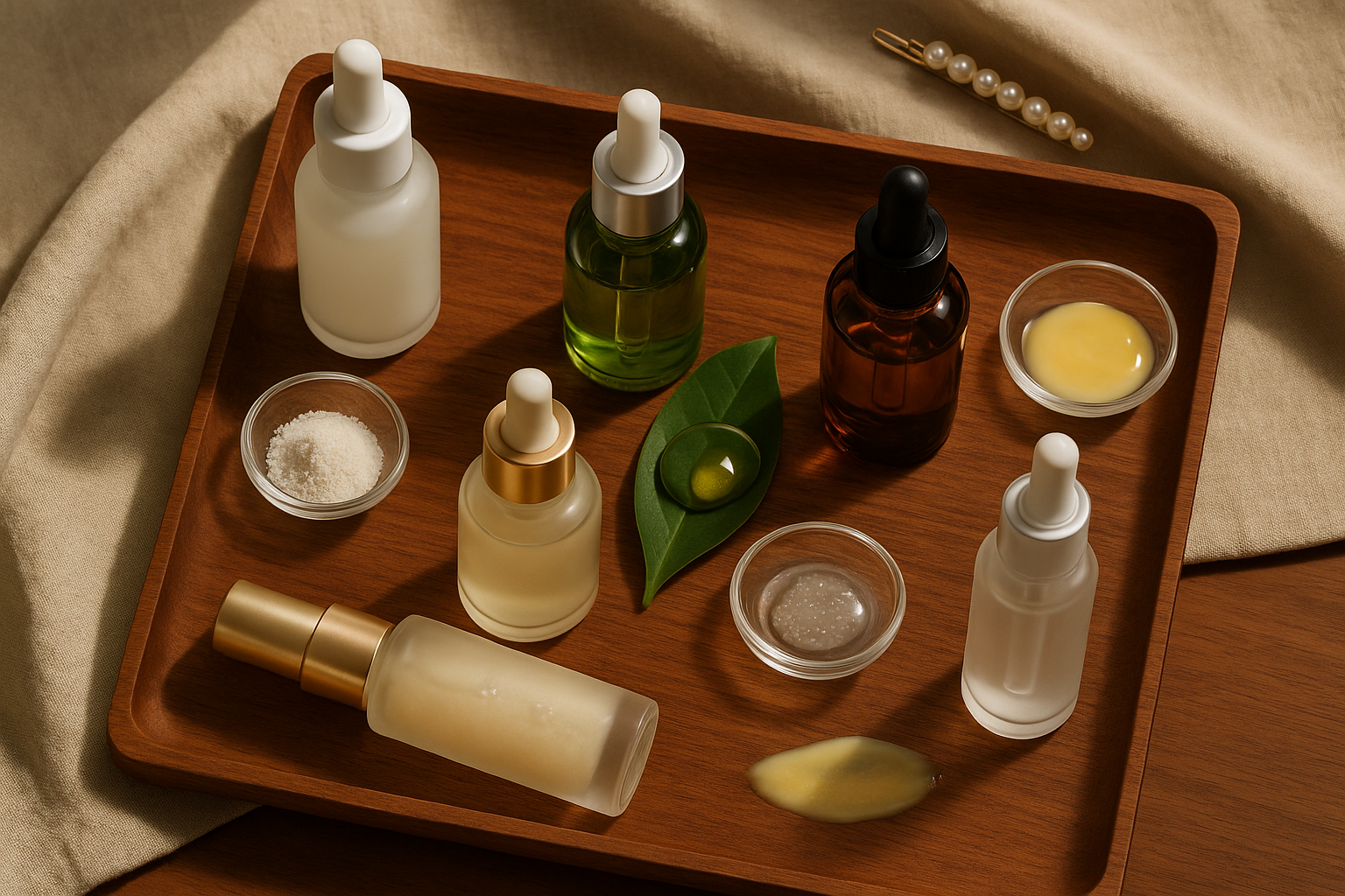 Curated flatlay of several premium serum bottles with ingredient swatches and textures representing top picks for firmness and fine lines