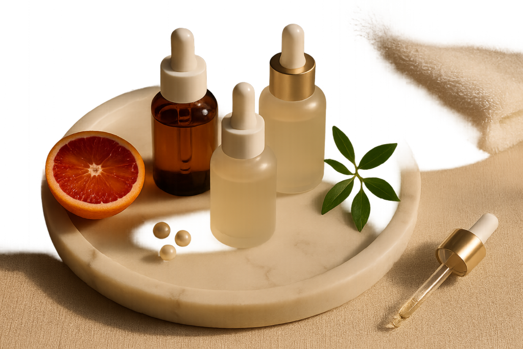 Still-life editorial of premium brightening serums on marble tray with citrus and soft morning light, evoking even luminous skin