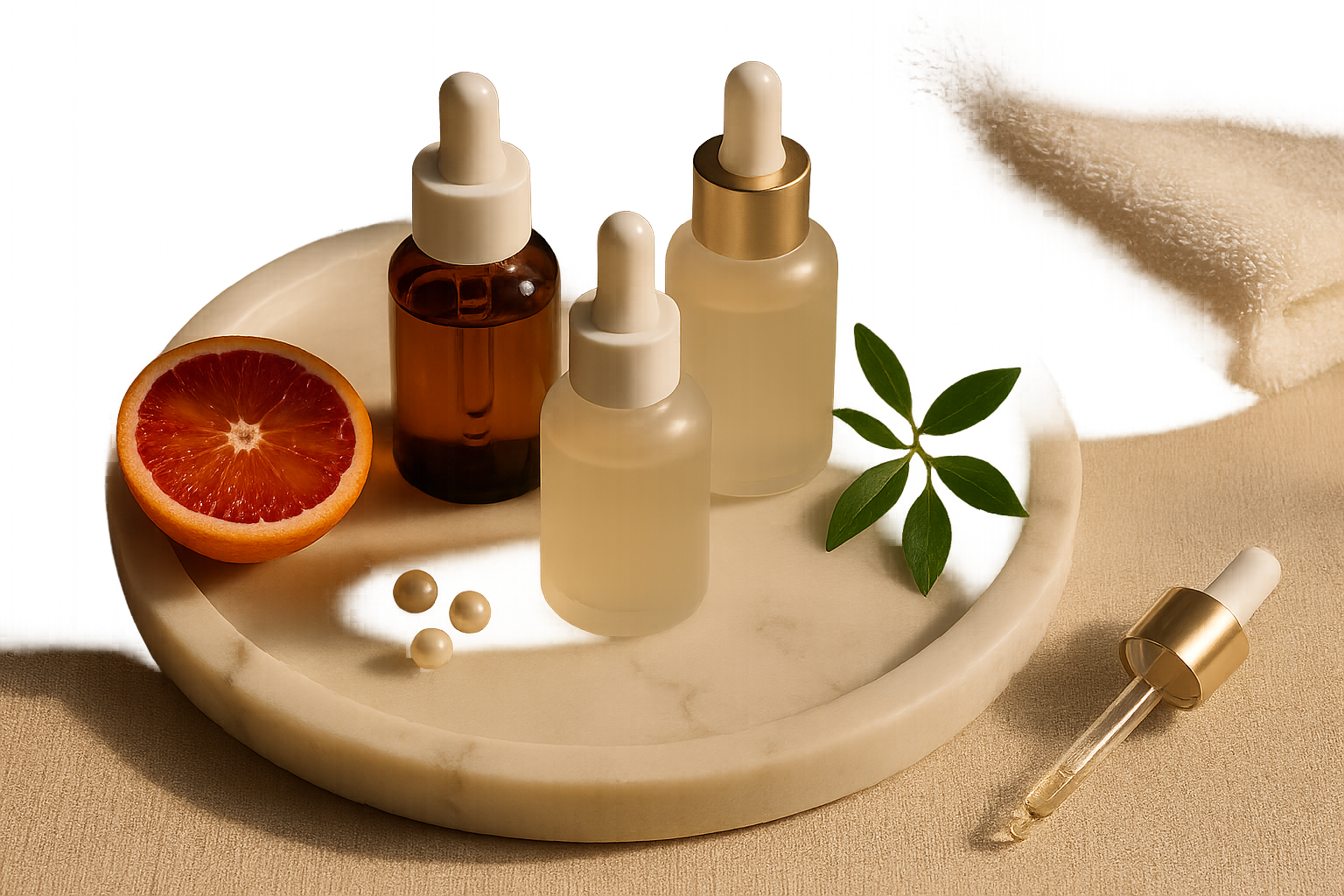 Still-life editorial of premium brightening serums on marble tray with citrus and soft morning light, evoking even luminous skin