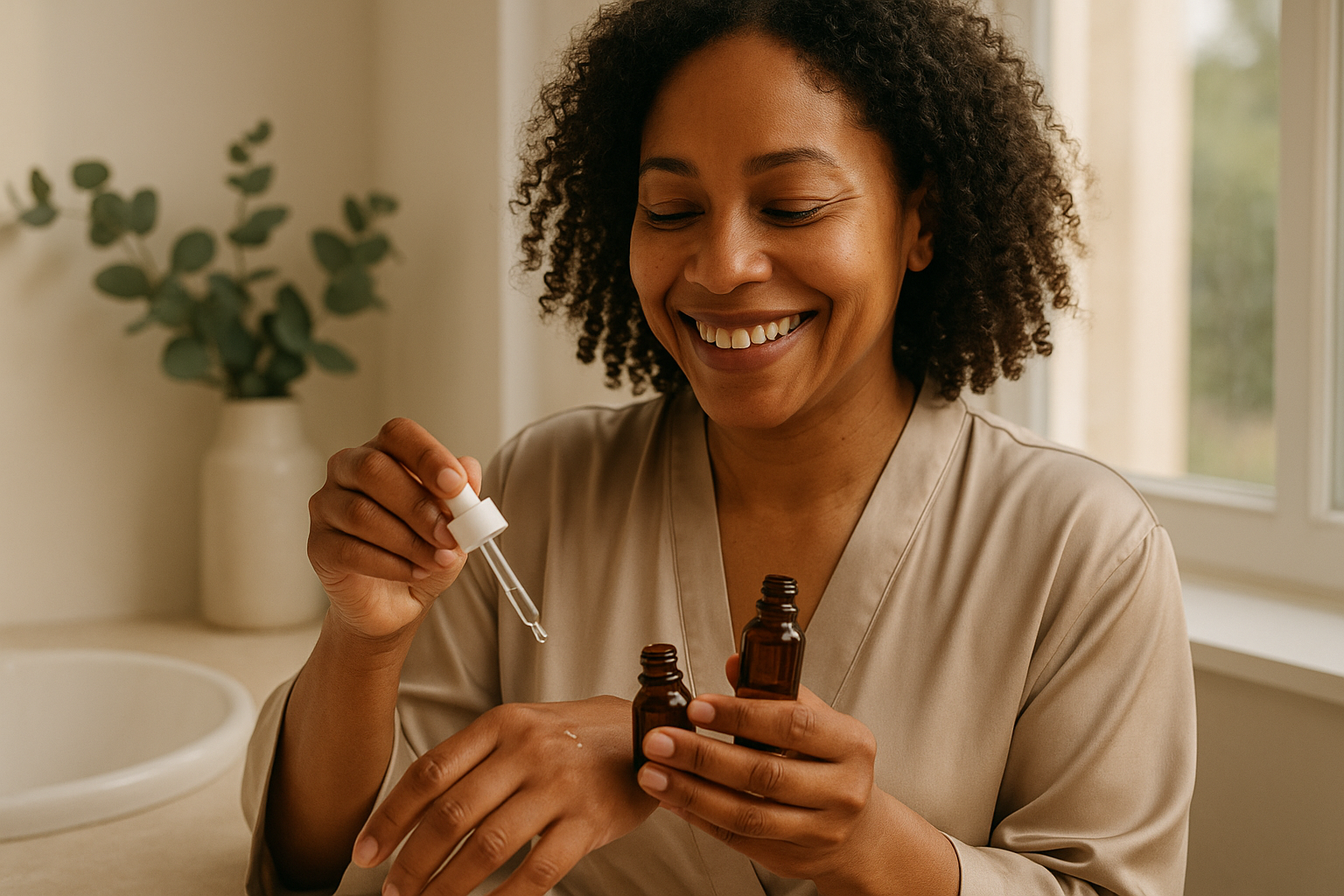 Mid-aged Black woman comparing two brightening serums at a vanity, smiling and testing textures on the back of her hand