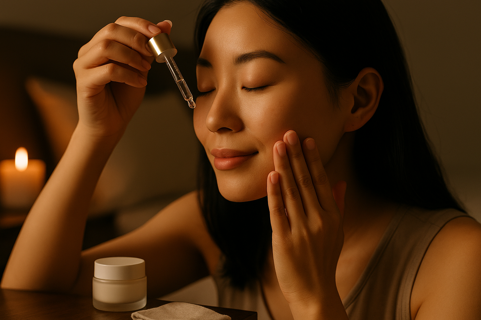 Close-up of an East Asian woman applying a brightening serum at night, gently patting it into her cheek beside a lit candle