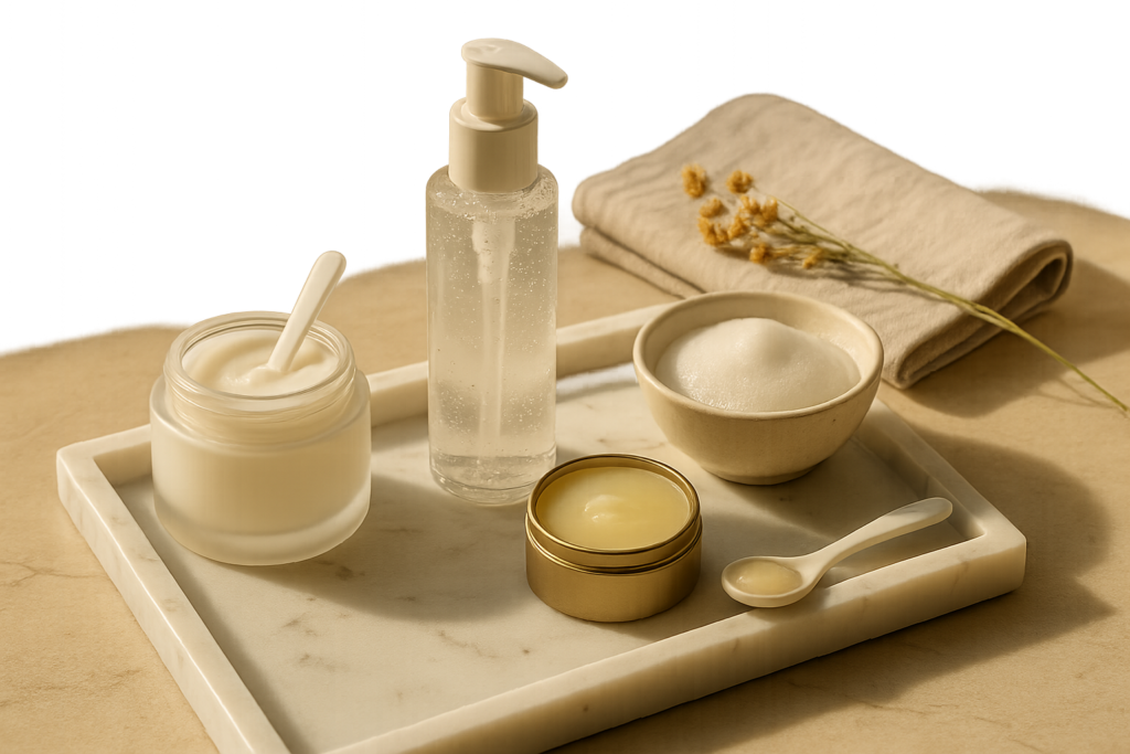 Still life of luxury gentle cleansers with creamy foam and soft linens evoking a calming morning ritual