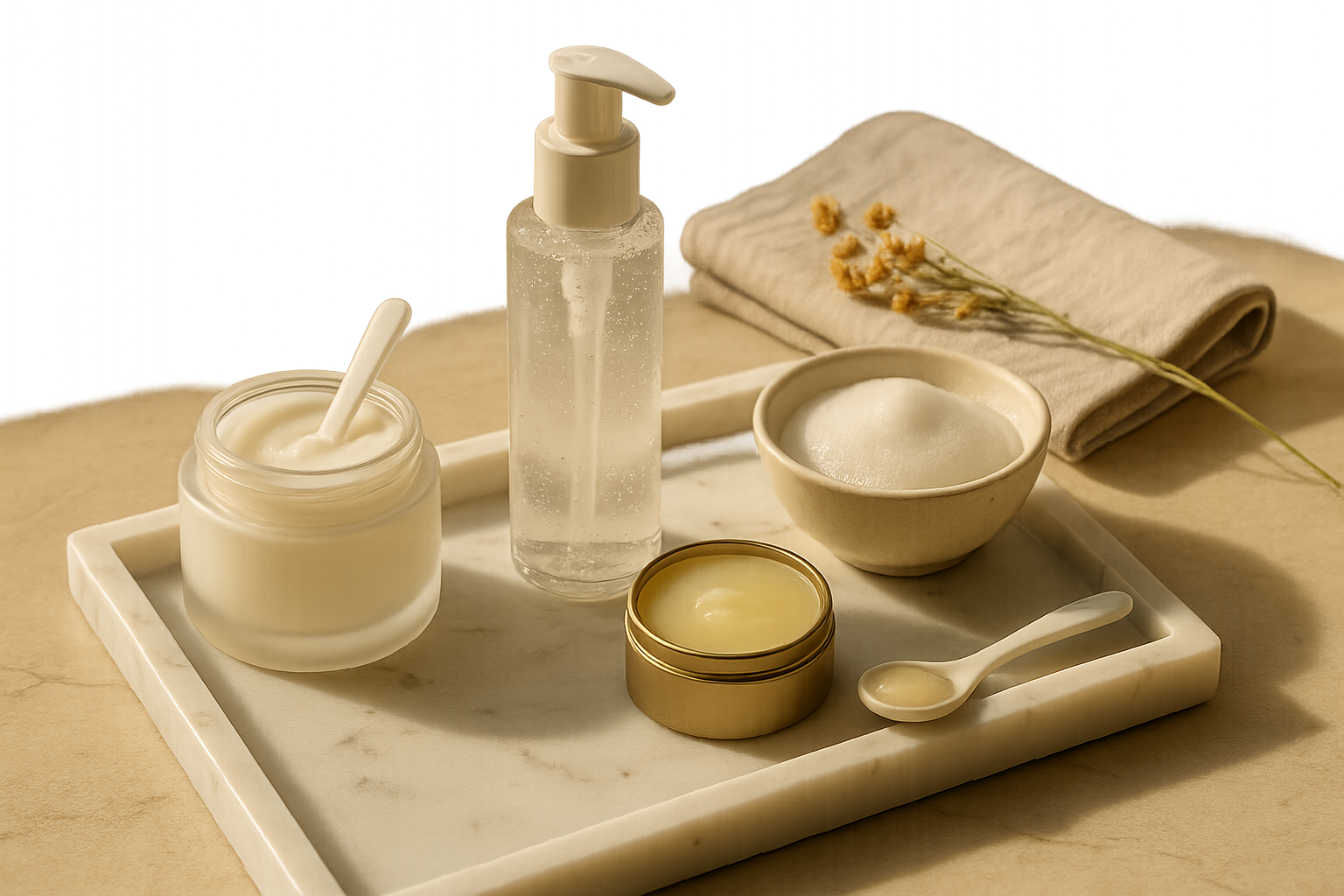 Still life of luxury gentle cleansers with creamy foam and soft linens evoking a calming morning ritual