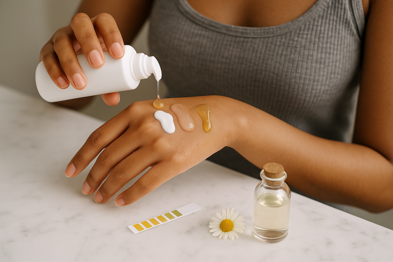 Close-up of hands comparing cleanser textures on the back of a hand with pH strip and soothing botanical sprig