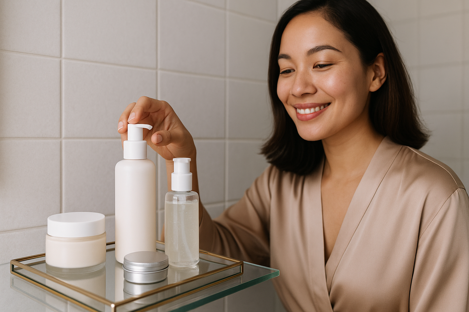 Luxurious shelf display of curated high-end cleanser bottles with a woman reaching for one