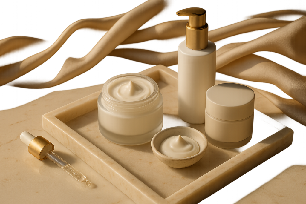 Luxury jars and tubes of high-end moisturizers arranged on a silk cloth with a small ceramic bowl of cream and a glass dropper, conveying long-lasting hydration and skin repair