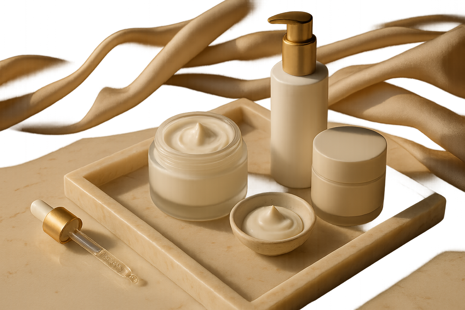Luxury jars and tubes of high-end moisturizers arranged on a silk cloth with a small ceramic bowl of cream and a glass dropper, conveying long-lasting hydration and skin repair