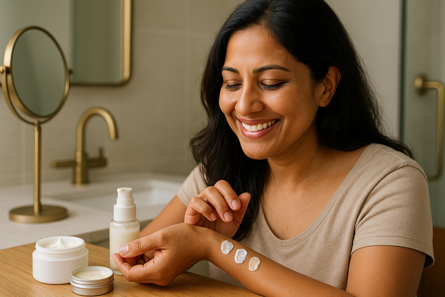 Woman testing moisturizer textures at a vanity, swatching creams on her wrist to compare absorption and finish