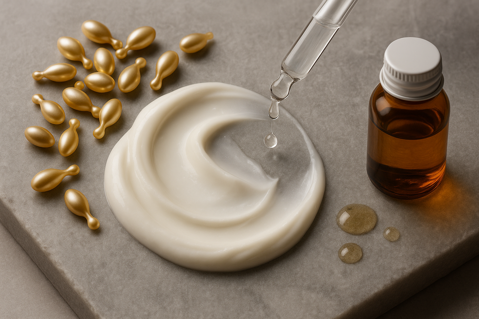 Close-up macro of cream textures and ingredient elements—ceramide capsules, hyaluronic acid dropper and squalane oil bottle—on a stone surface