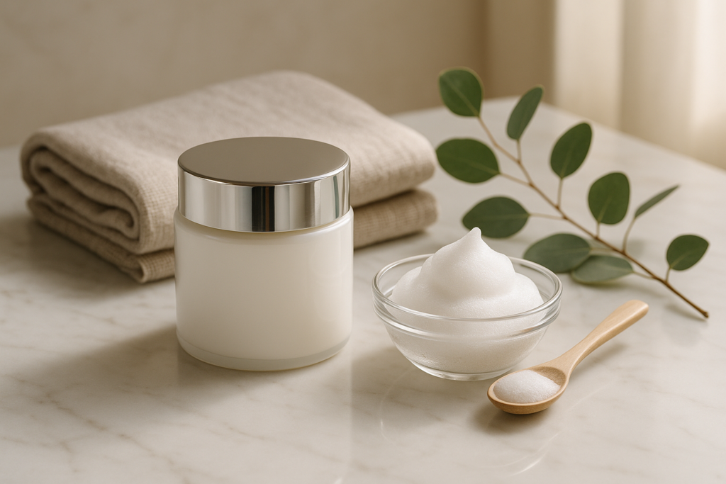 Elegant arrangement of luxury cleanser textures and unbranded pearl-white jar on marble with soft towel and morning light