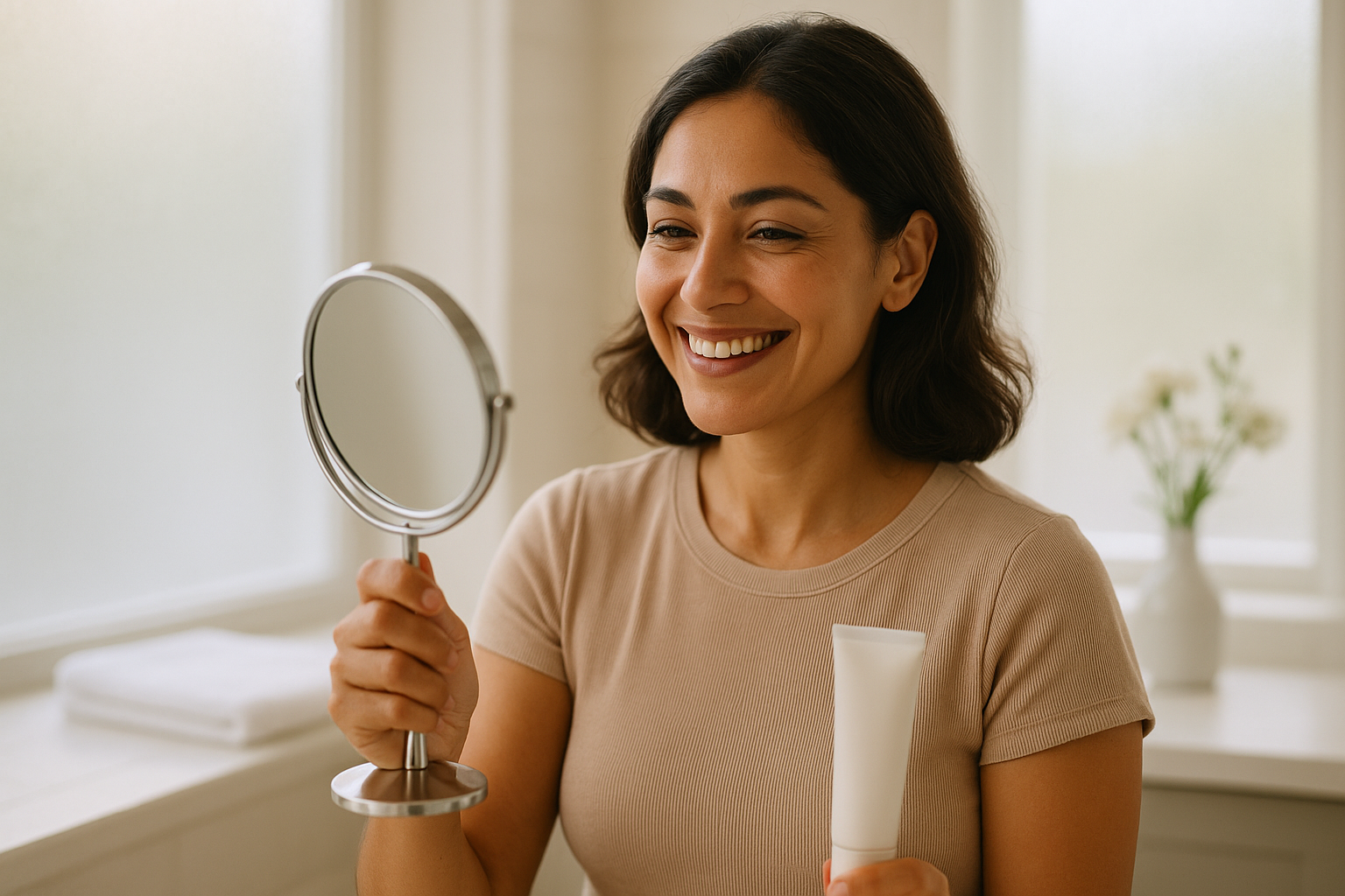 Smiling woman assessing her skin in a handheld mirror with cleanser and travel-size bottle on a vanity