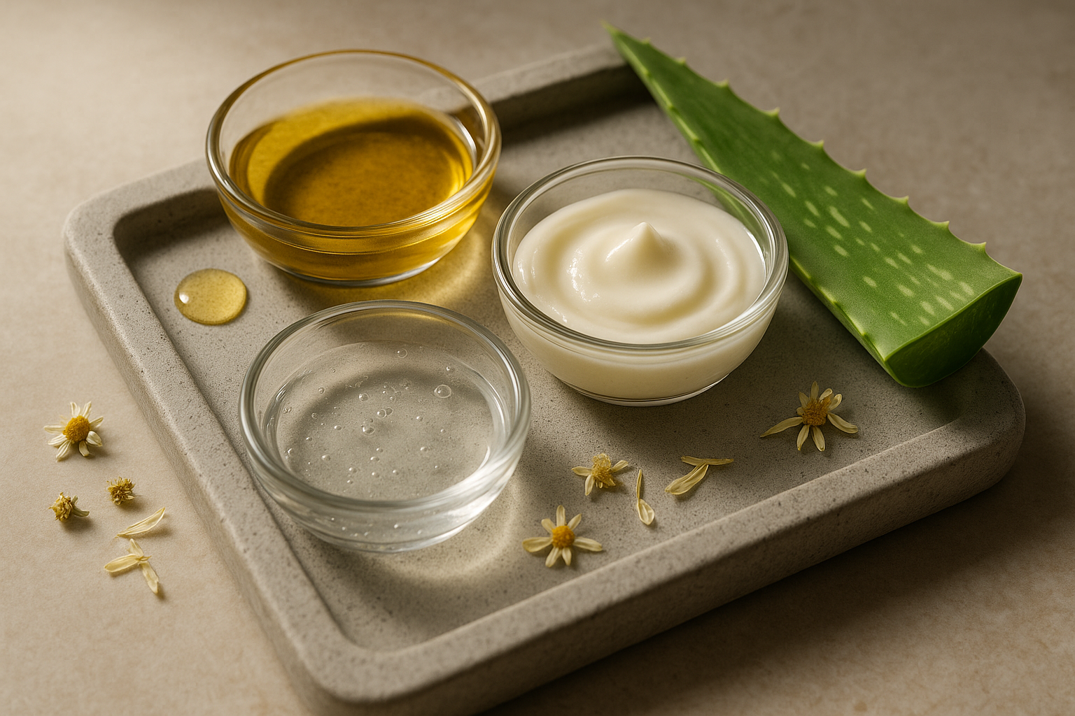 Close-up of cleanser textures and natural ingredient elements—squalane droplets, aloe leaf, chamomile petals—on a concrete tray