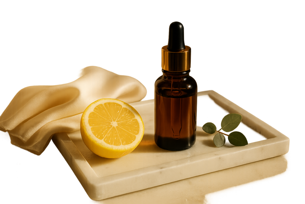 Luxurious amber glass vitamin C serum bottle on marble with soft morning light and citrus notes, evoking brightening skincare ritual